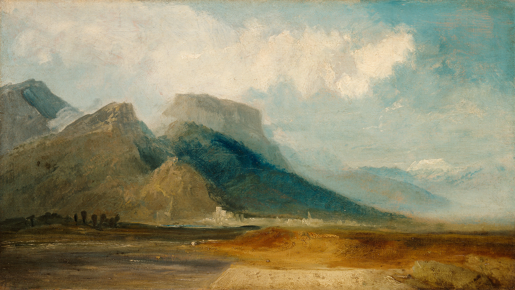 Joseph Mallord William Turner, Grenoble vue de la rivière Drac, avec le mont Blanc au loin, vers 1802. Huile sur toile.© Tate Image